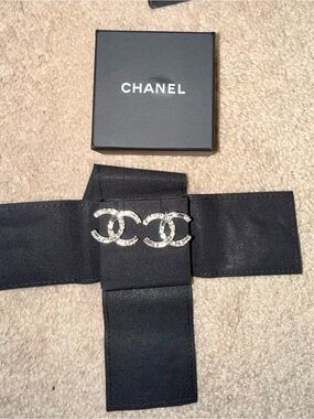 CHANEL Silver Crystal CC Logo Earrings